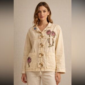 Grammies Wearable Art Vintage Cream Embroidered Women’s Jacket Size XL Oversized